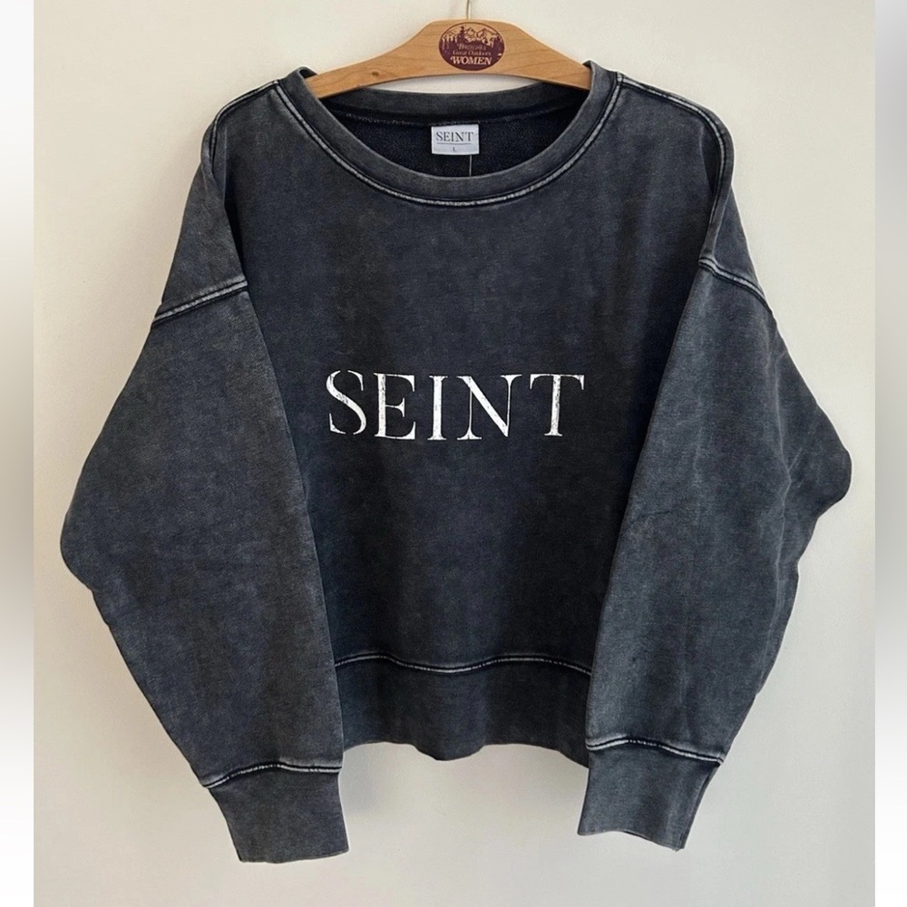 SEINT Cropped Mineral Wash Black Cotton Sweatshirt NWT Size Large